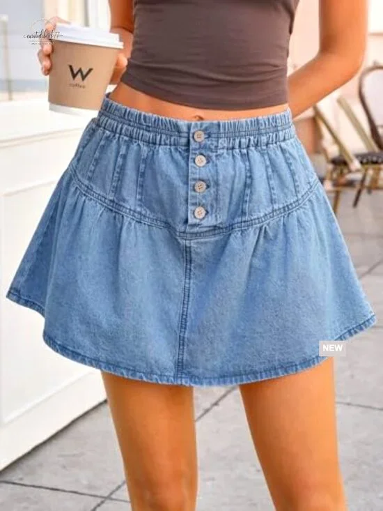 High Waisted Denim Pleated Mini Skirt with Built-in Shorts Summer A-Line - Picture 2 of 6